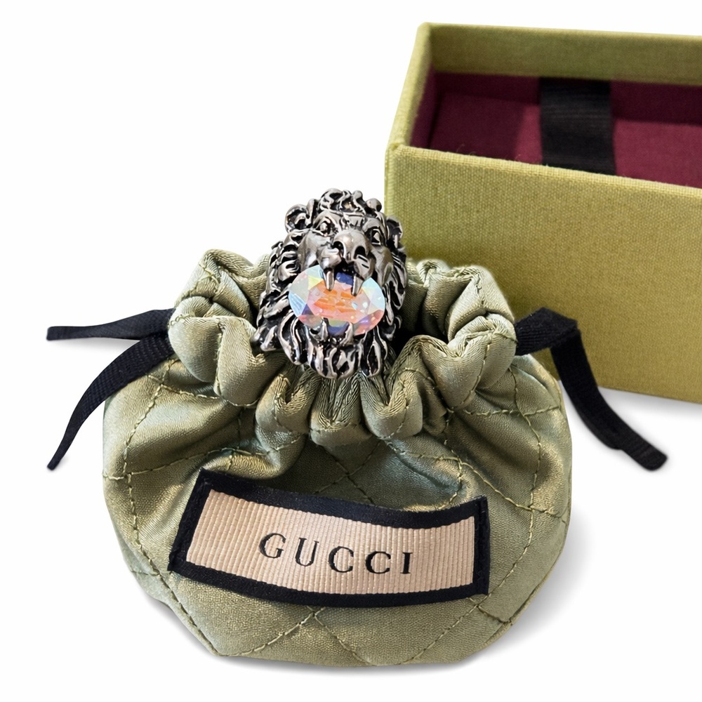 Gucci 925 Sterling Silver Lionhead Raja Silver Crystal Ring size 7